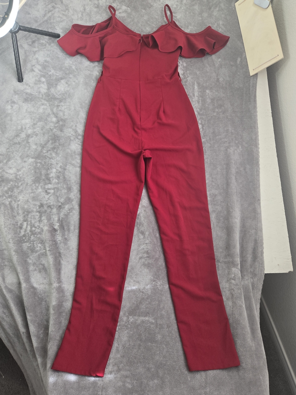 Red Off-Shoulder Ruffle Jumpsuit - Picture 2 of 10